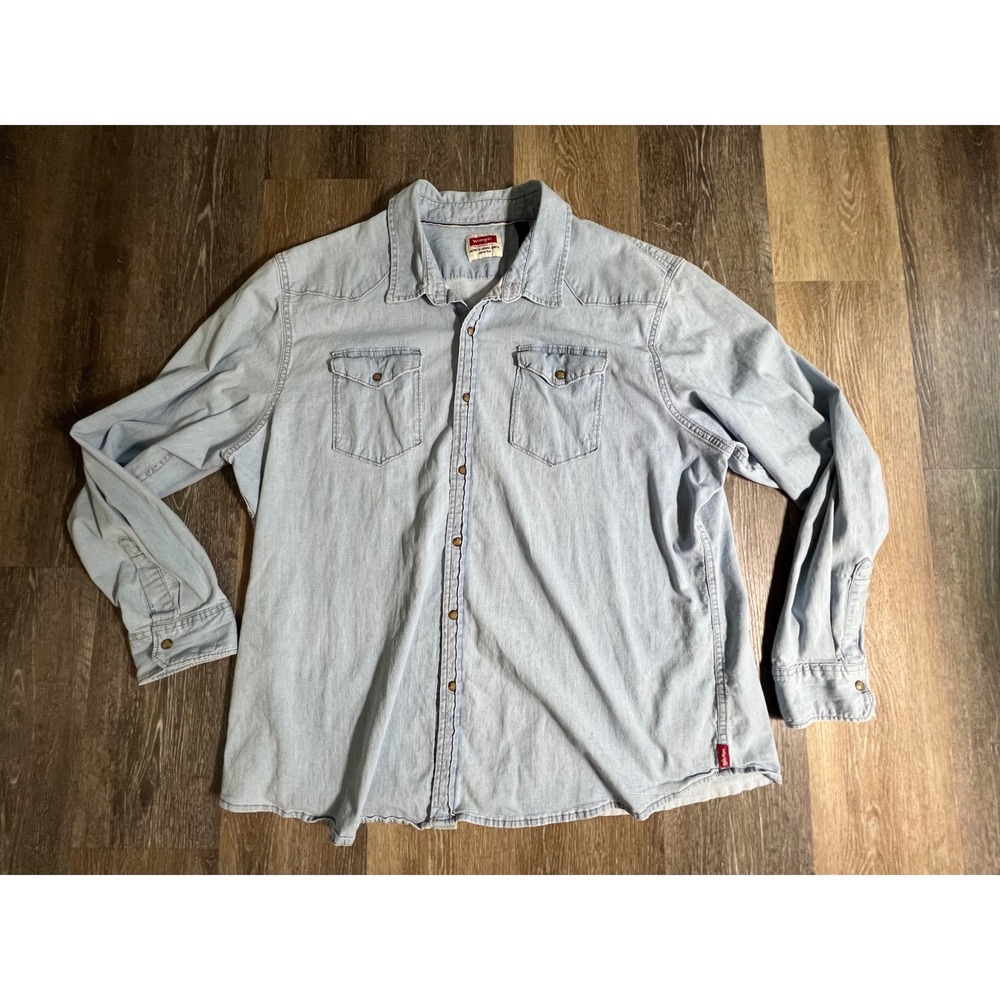 Wrangler Western Button Down Mens 3XL Light Blue Denim Stretch Long Sleeve Shirt